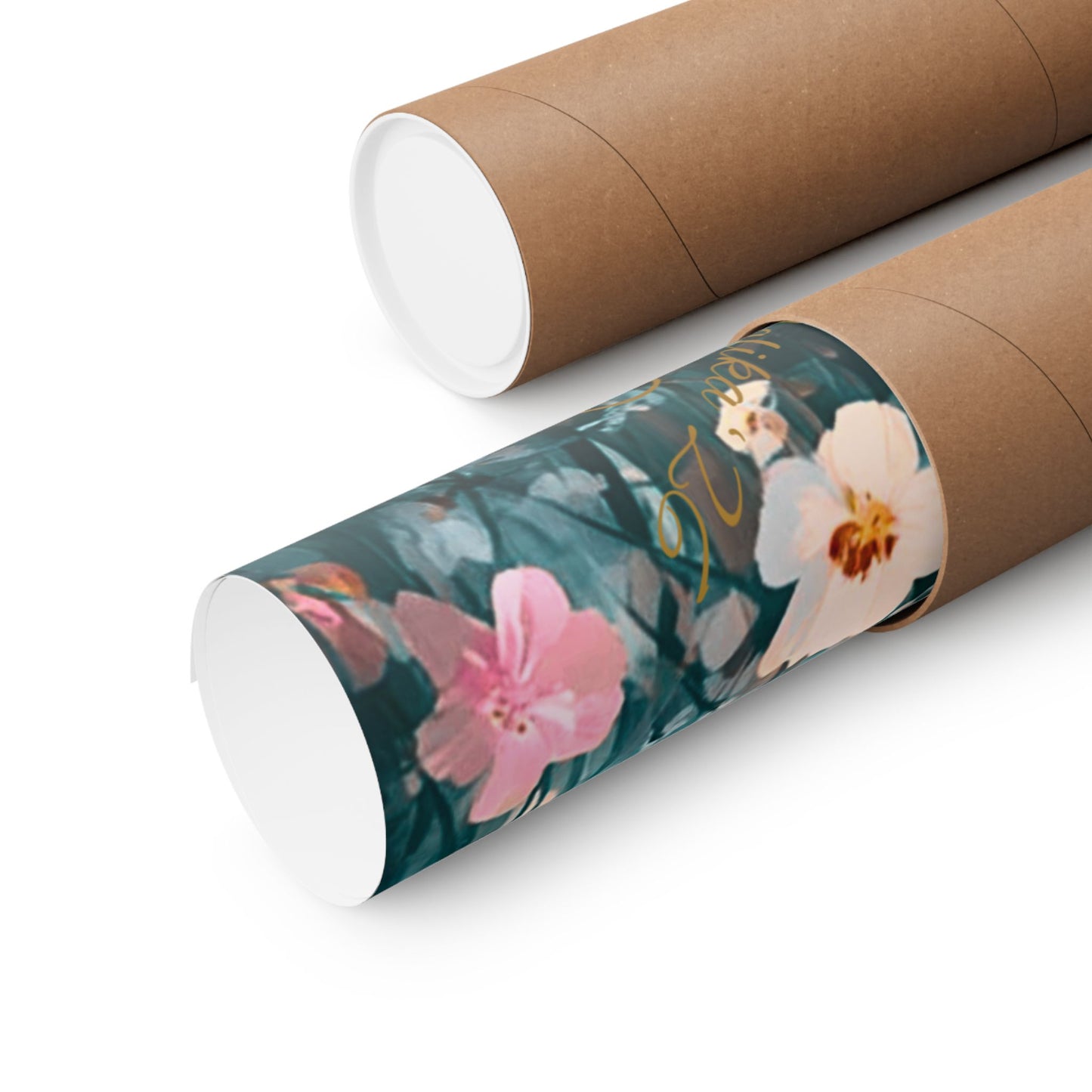 Floral-patterned cardboard tube on a white background