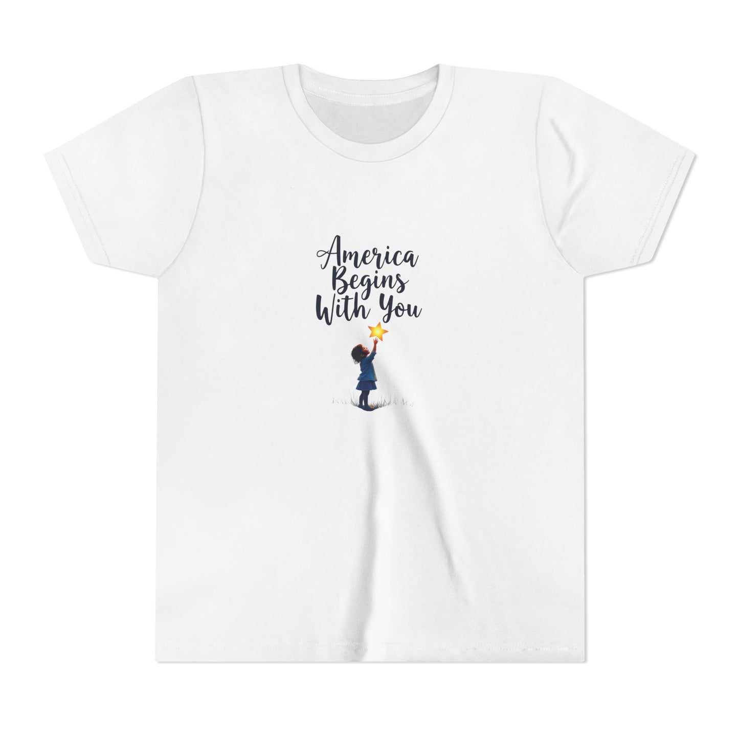 White t-shirt with 'America Begins With You' text and graphic on a white background