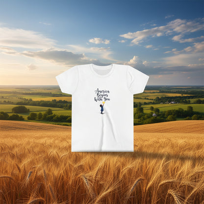White t-shirt with 'America Begins With You' text and graphic on a white background