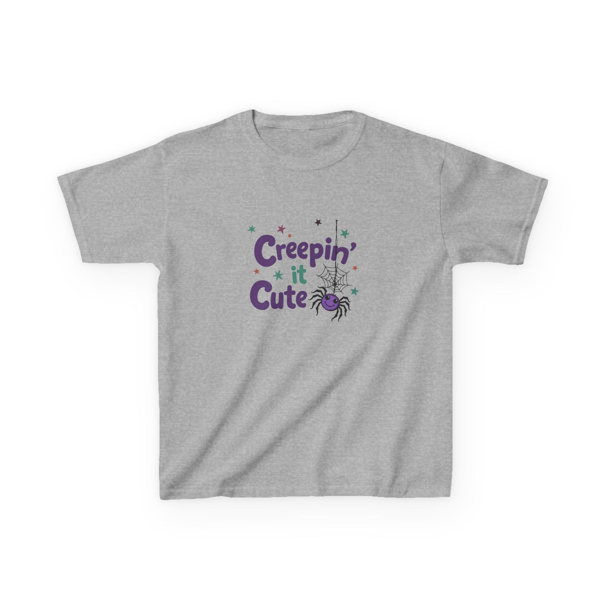 Kids Halloween shirt with “Creepin’ It Cute” design featuring colorful lettering and a friendly spider on a Gildan 5000B Heavy Cotton Tee. SPORT GREY