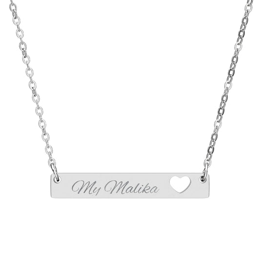 Silver necklace with bar pendant engraved '  _________' on a white background