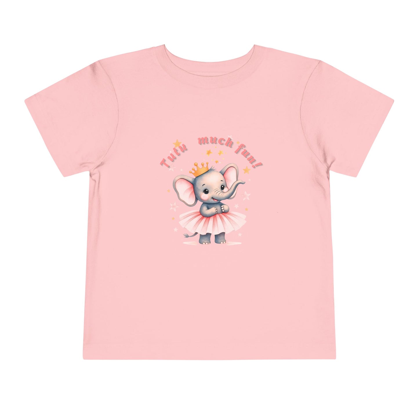 Pink t-shirt with a cartoon elephant in a tutu and tiara on a white background