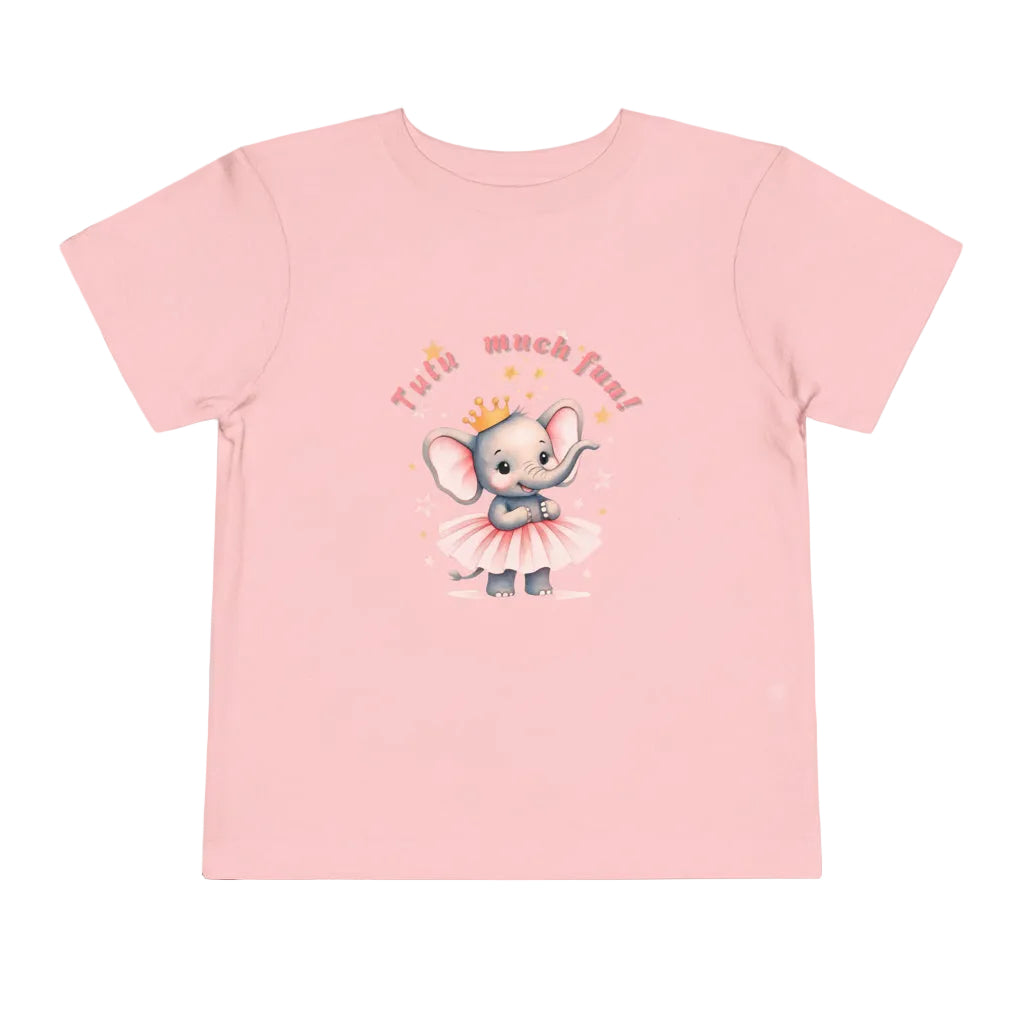 Pink t-shirt with a cartoon elephant in a tutu and tiara on a white background