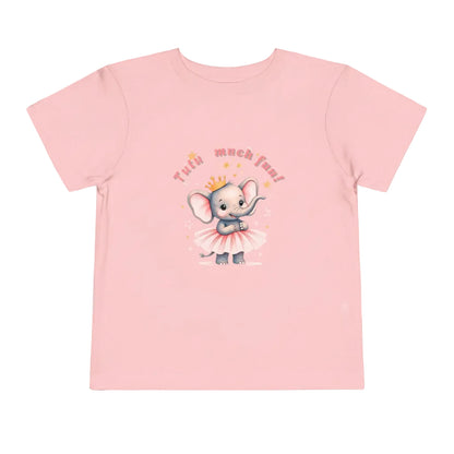 Pink t-shirt with a cartoon elephant in a tutu and tiara on a white background