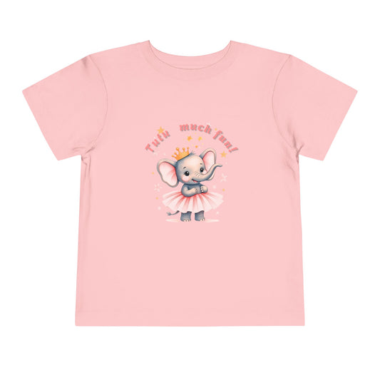 Pink t-shirt with a cartoon elephant in a tutu and tiara on a white background