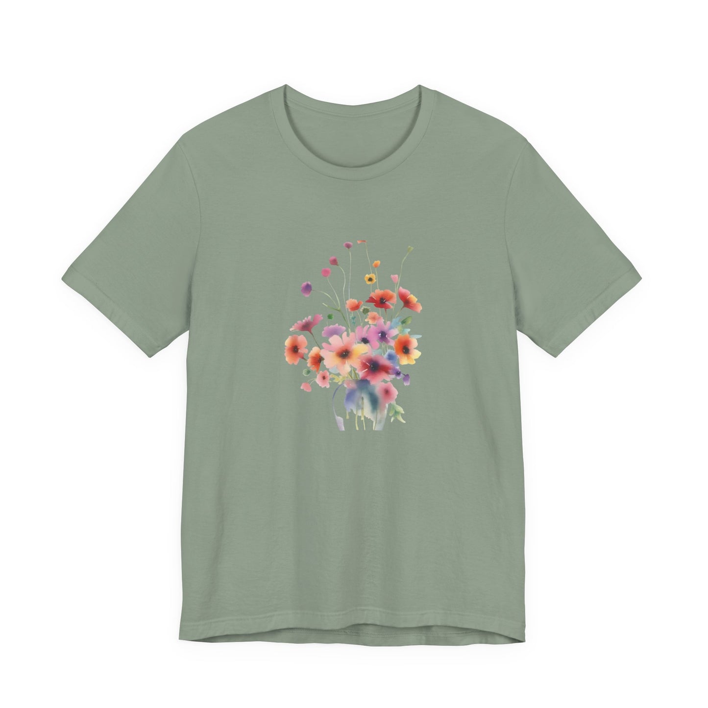 Green t-shirt with a colorful floral design on a white background