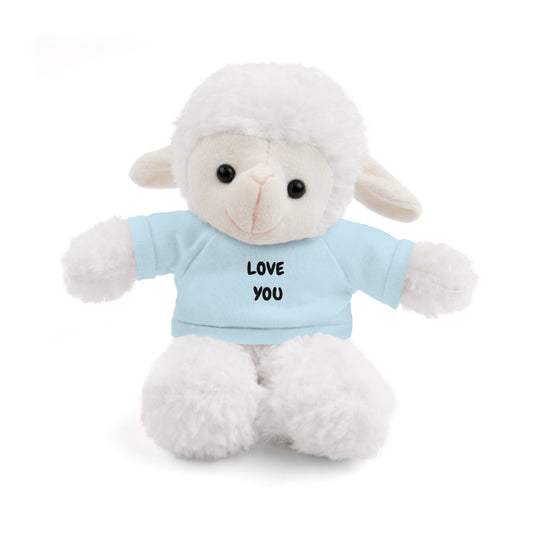 White plush lamb toy wearing a blue shirt with 'LOVE YOU' text on a white background