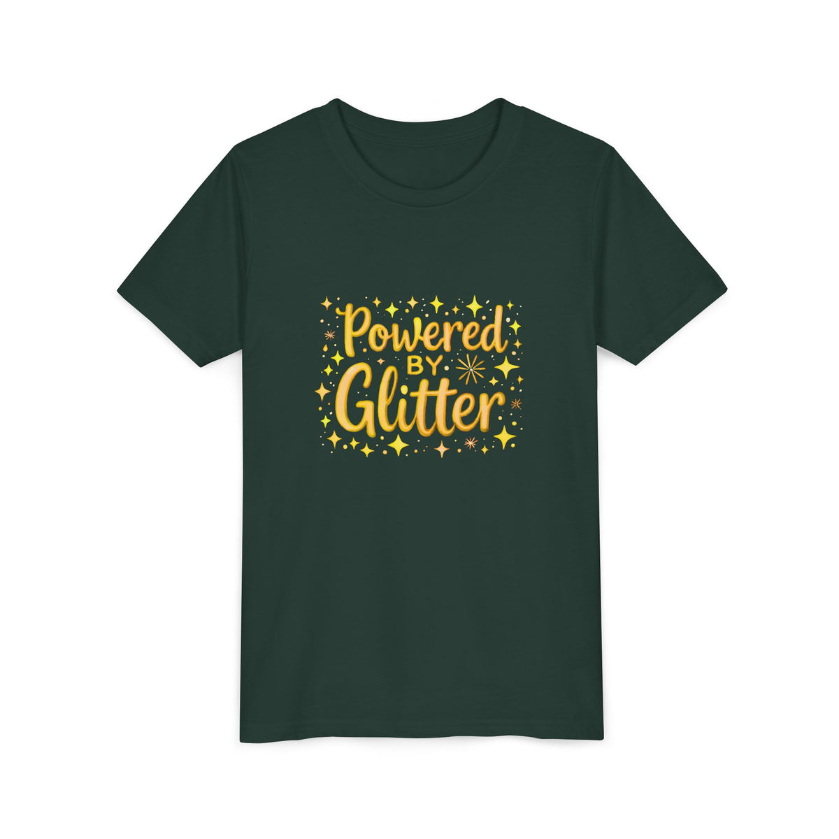 A forest green short-sleeve crewneck t-shirt featuring a yellow graphic print on the front that reads 'Powered by Glitter' surrounded by small yellow stars.