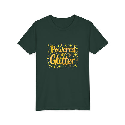 A forest green short-sleeve crewneck t-shirt featuring a yellow graphic print on the front that reads 'Powered by Glitter' surrounded by small yellow stars.
