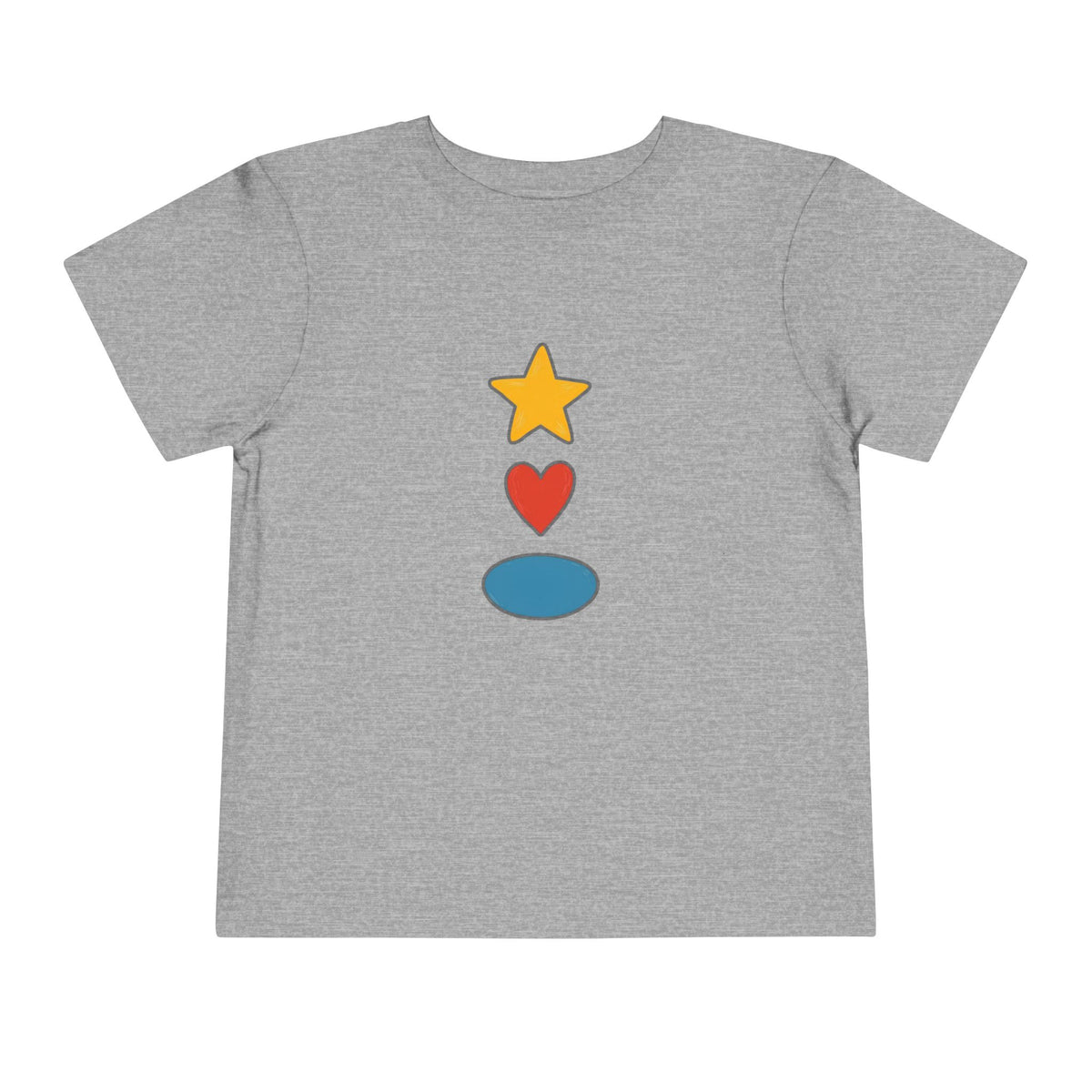 A heather gray short-sleeve t-shirt with a central graphic of a yellow star, a red heart, and a blue oval stacked vertically.