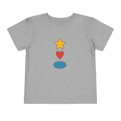 A heather gray short-sleeve t-shirt with a central graphic of a yellow star, a red heart, and a blue oval stacked vertically.