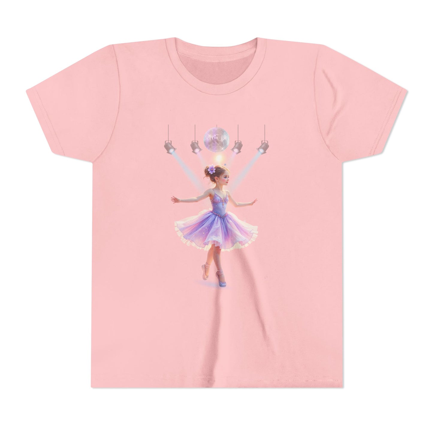 Pink t-shirt with a graphic of a fairy in a purple dress on a white background