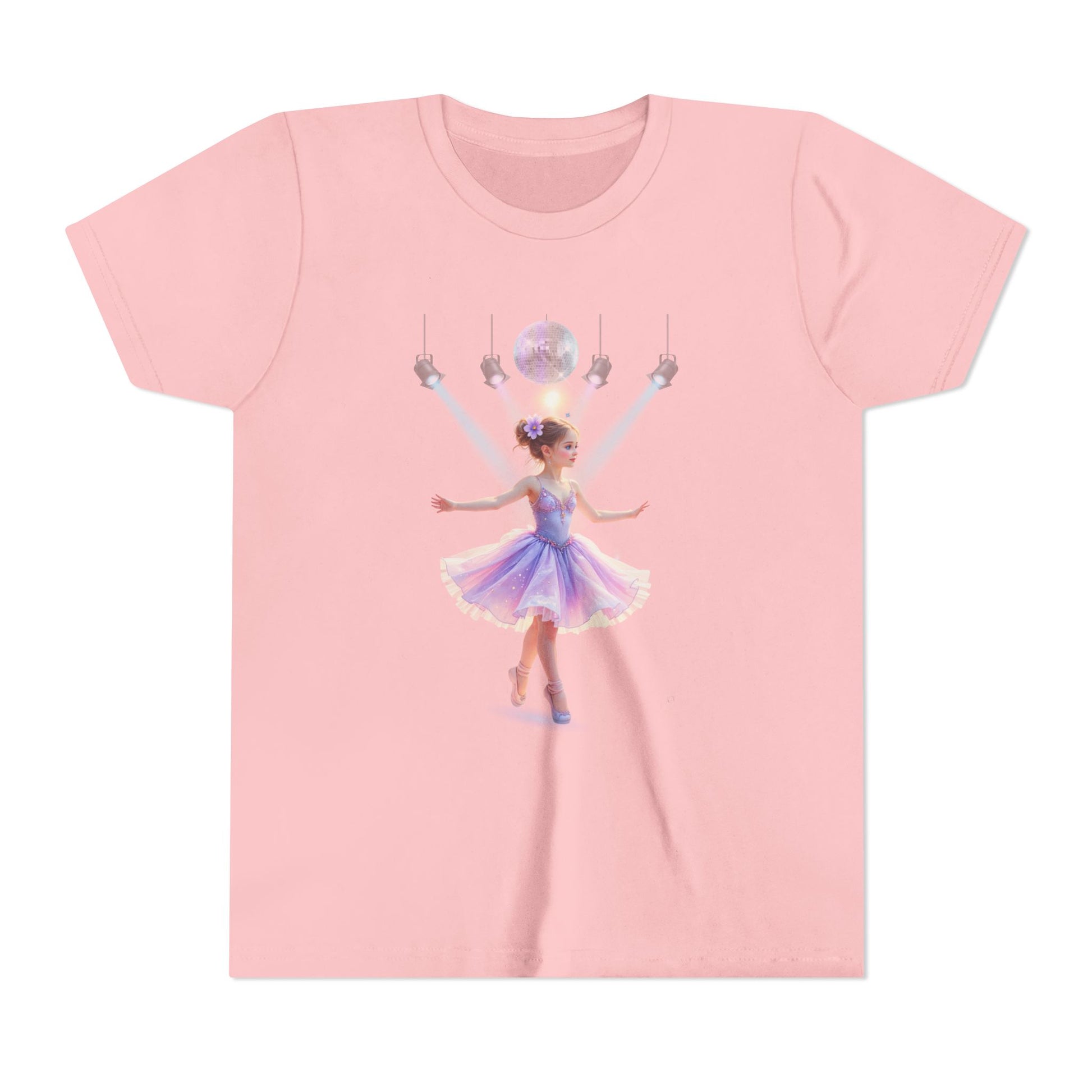 Pink t-shirt with a graphic of a fairy in a purple dress on a white background