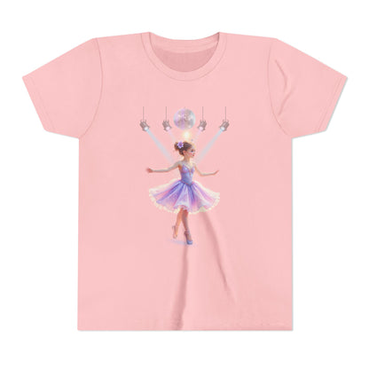 Pink t-shirt with a graphic of a fairy in a purple dress on a white background