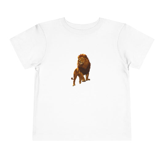 White t-shirt with a lion graphic on a white background