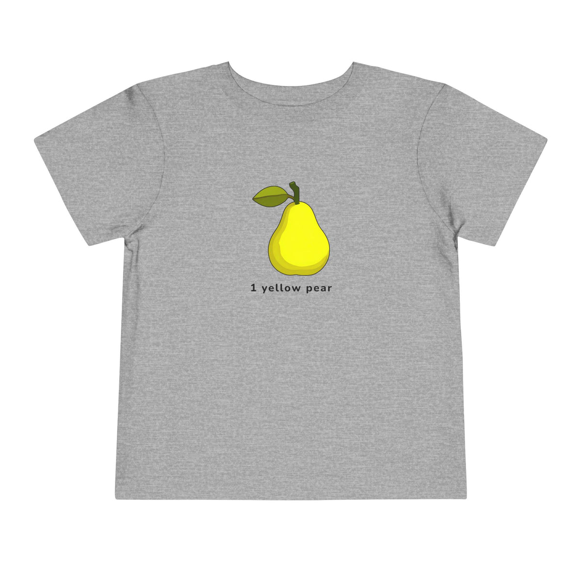 A heather gray short-sleeve t-shirt featuring a graphic of a yellow pear with green leaves and the text '1 yellow pear' printed below it, displayed on a solid white background.