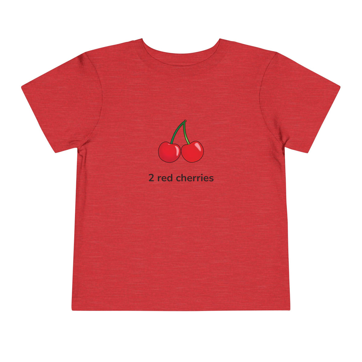 A red short-sleeve crewneck t-shirt featuring a graphic of two red cherries with green stems and the text '2 red cherries' printed below, displayed on a clean white background.