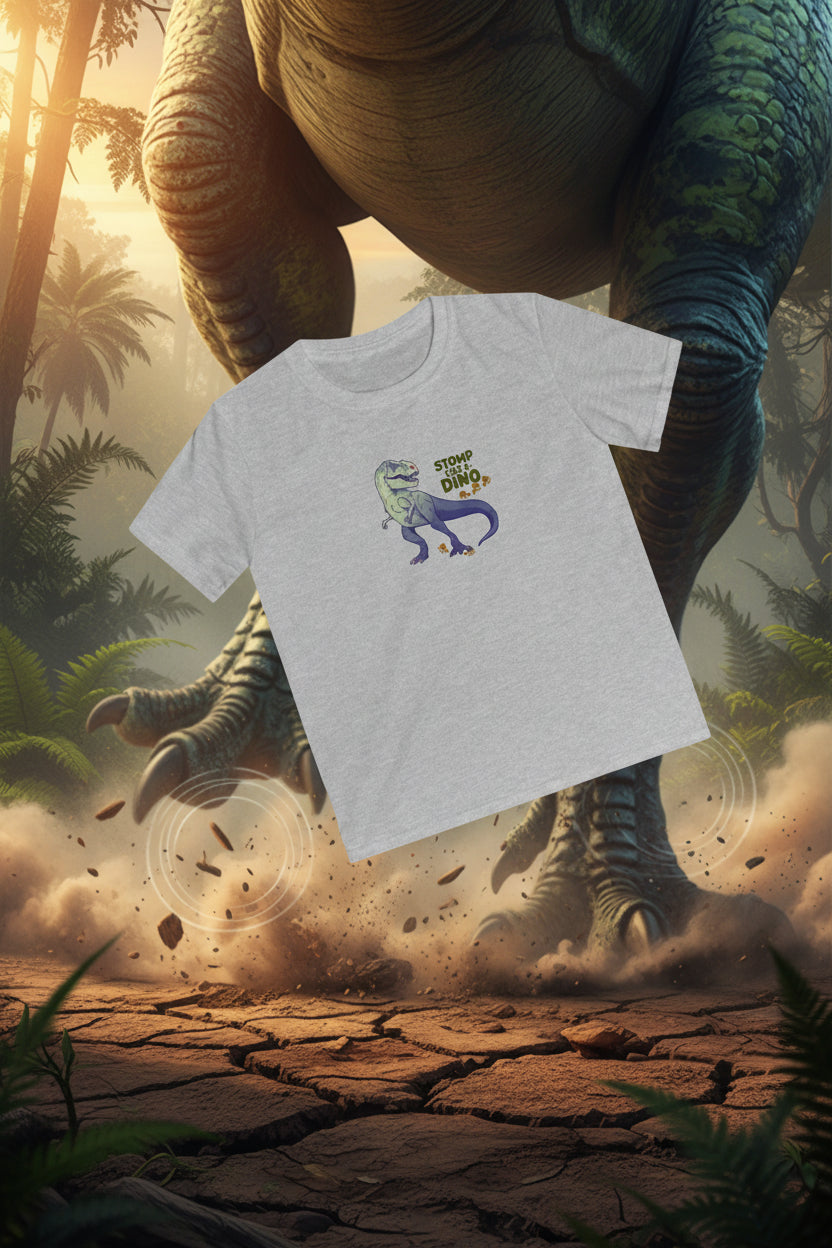 A heather gray short-sleeve crewneck t-shirt featuring a cartoon graphic of a purple and green dinosaur with the text 'STOMP LIKE A DINO' printed on the chest.