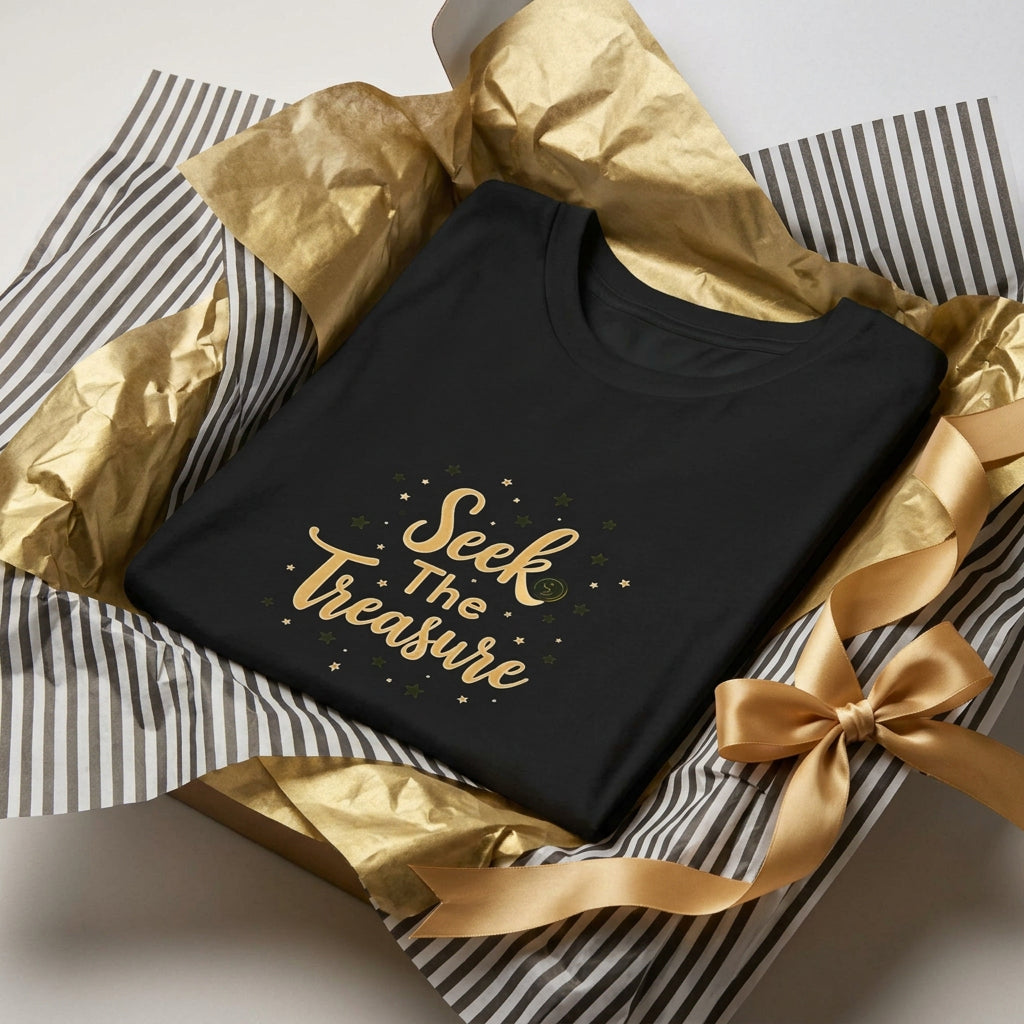 Folded t-shirt. Kids black T‑shirt with golden “Seek the Treasure” lettering surrounded by small star accents.
