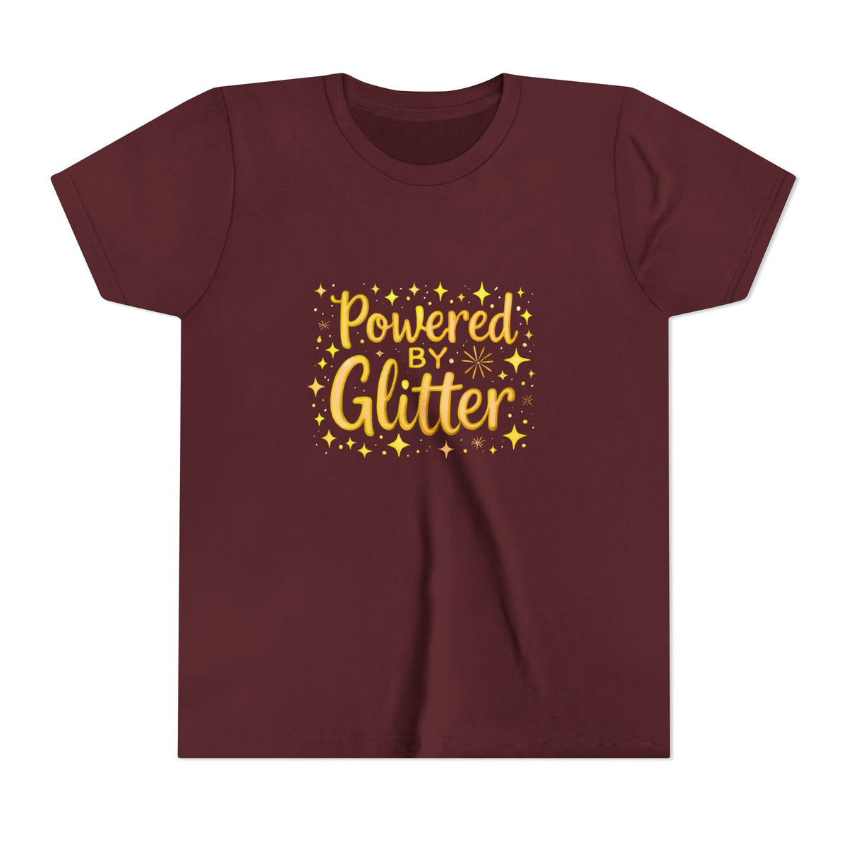 A maroon short-sleeve crewneck t-shirt featuring a yellow graphic print on the front that reads 'Powered by Glitter' surrounded by small yellow stars.