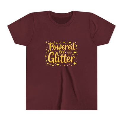 A maroon short-sleeve crewneck t-shirt featuring a yellow graphic print on the front that reads 'Powered by Glitter' surrounded by small yellow stars.