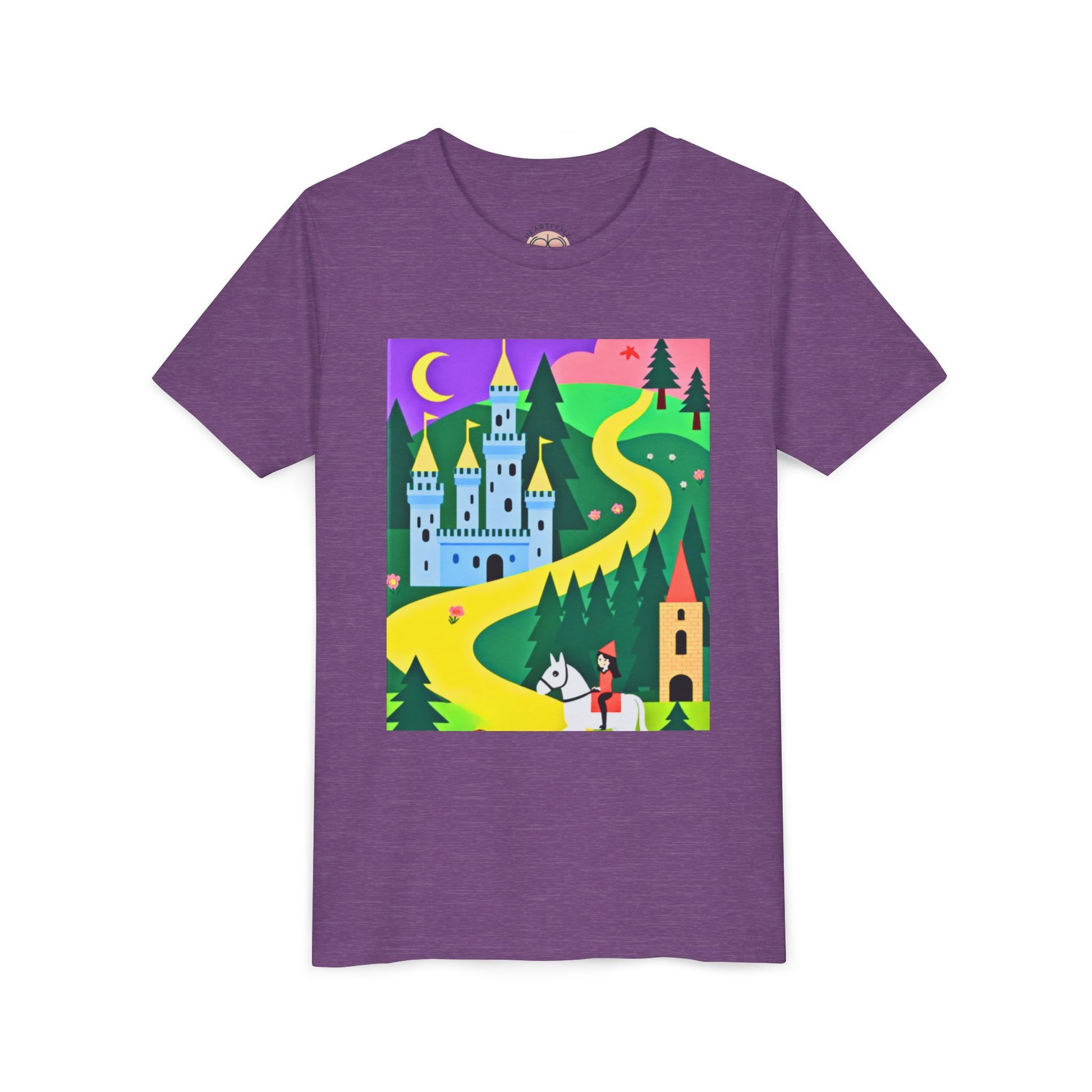 Purple t-shirt with a colorful graphic of a castle and path on a white background