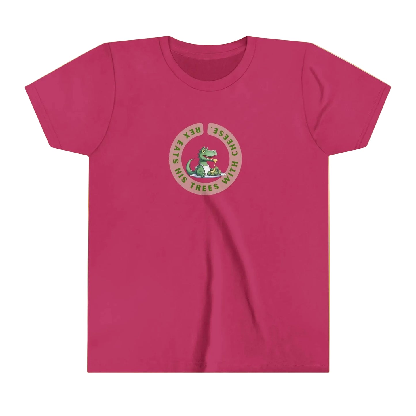 A berry pink short-sleeve crewneck t-shirt with a circular graphic on the chest featuring a green cartoon T-Rex and the text reads Rex eat his trees with cheese
