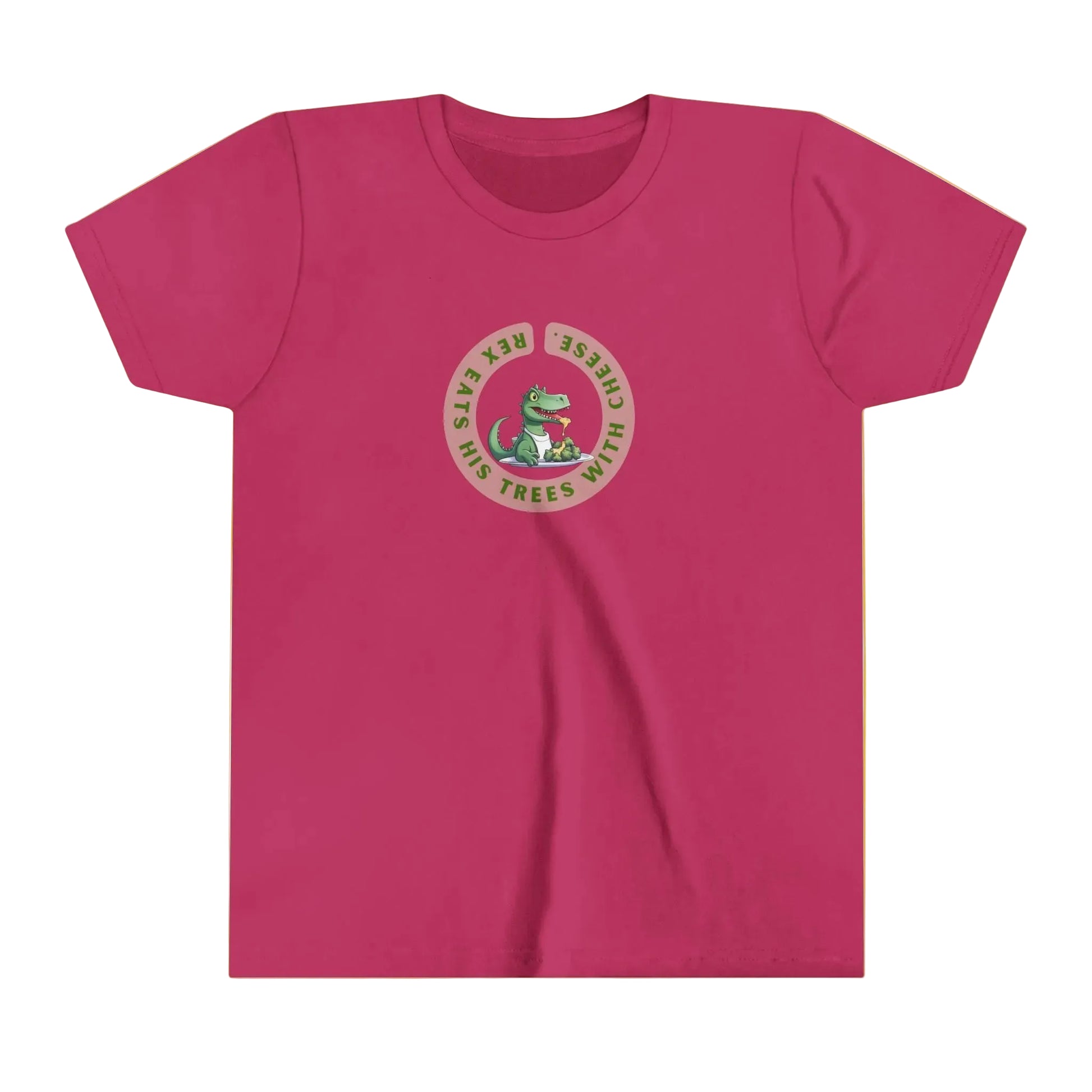 A berry pink short-sleeve crewneck t-shirt with a circular graphic on the chest featuring a green cartoon T-Rex and the text reads Rex eat his trees with cheese