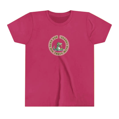 A berry pink short-sleeve crewneck t-shirt with a circular graphic on the chest featuring a green cartoon T-Rex and the text reads Rex eat his trees with cheese