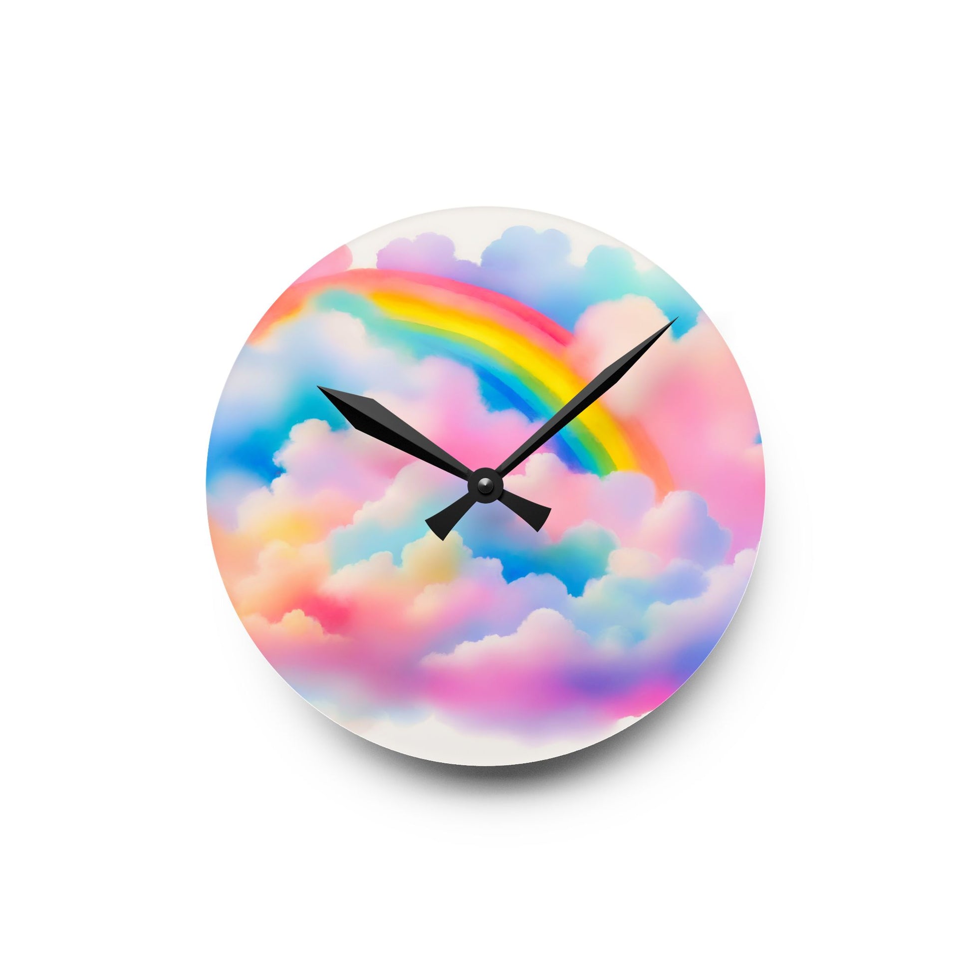 Wall clock with a colorful design of clouds and a rainbow on a white background