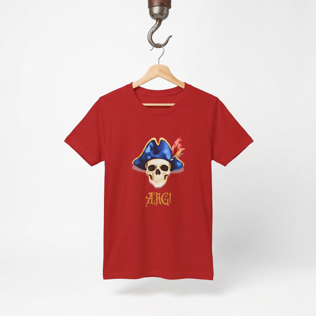 Kids red T‑shirt with a pirate skull wearing a blue hat and red feather, with “ARG!” in yellow text.