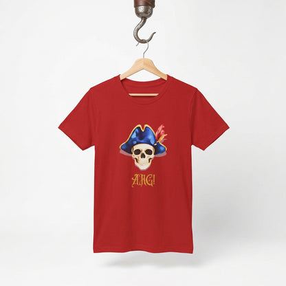 Kids red T‑shirt with a pirate skull wearing a blue hat and red feather, with “ARG!” in yellow text.