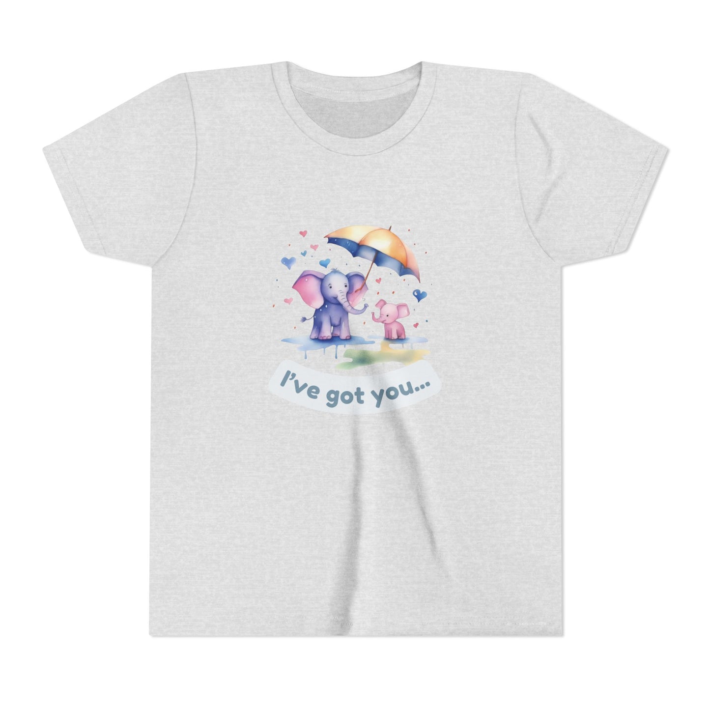 White t-shirt with cartoon elephants holding an umbrella and text 'I've got you...' on a white background