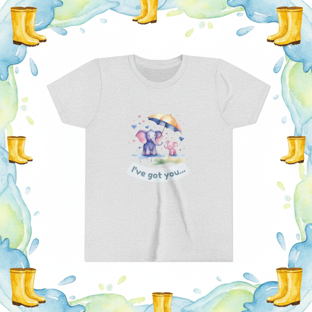 White t-shirt with cartoon elephants holding an umbrella and text 'I've got you...' on a white background