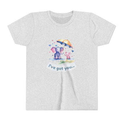 White t-shirt with cartoon elephants holding an umbrella and text 'I've got you...' on a white background