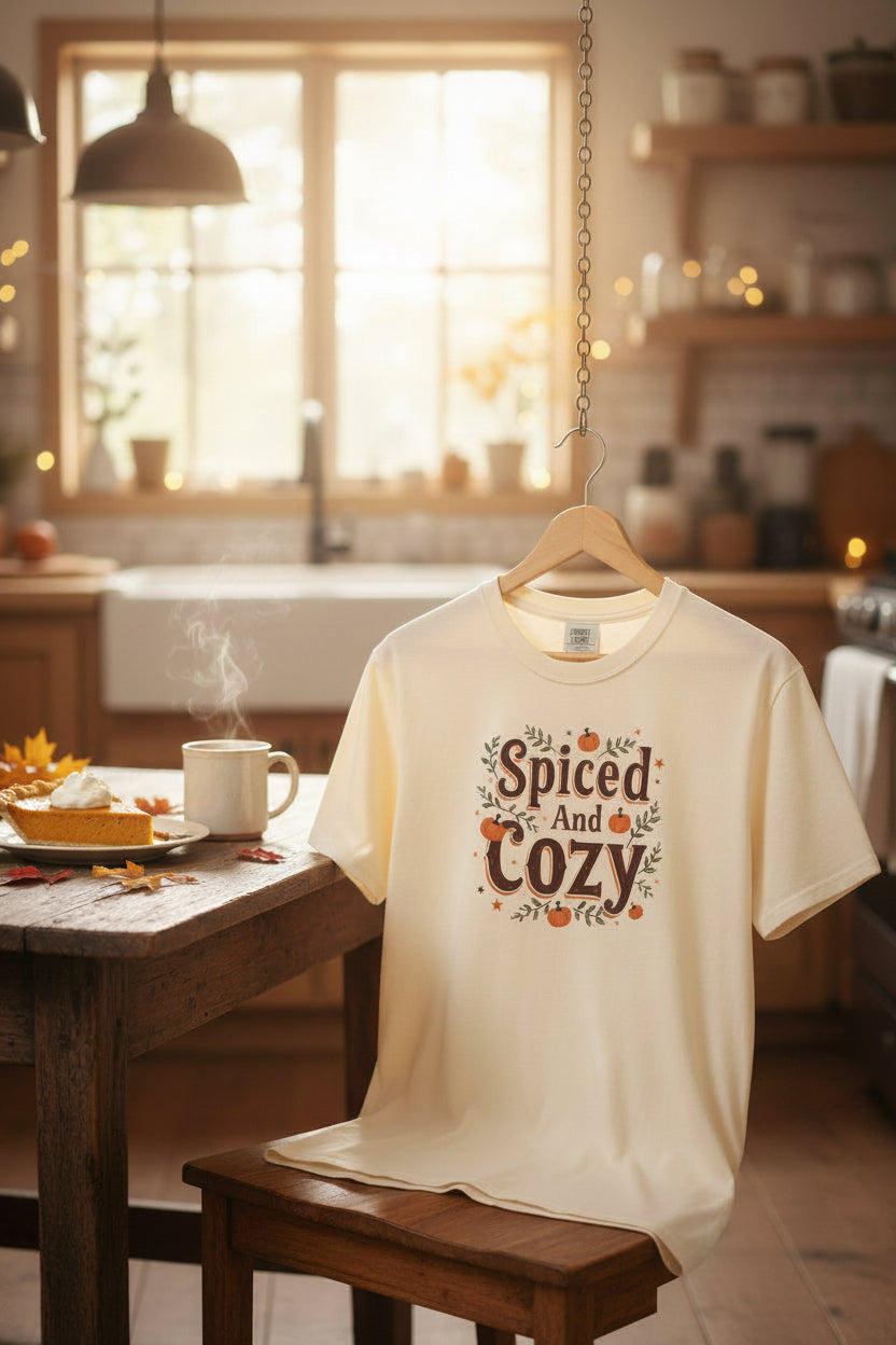 A ivory t-shirt hanging from a string from the kitchen ceiling and rests on a wooden chair. To the side is a steaming cup of tea and plate with a slice of pumpkin pie.  Design by Malika bourne Legacy