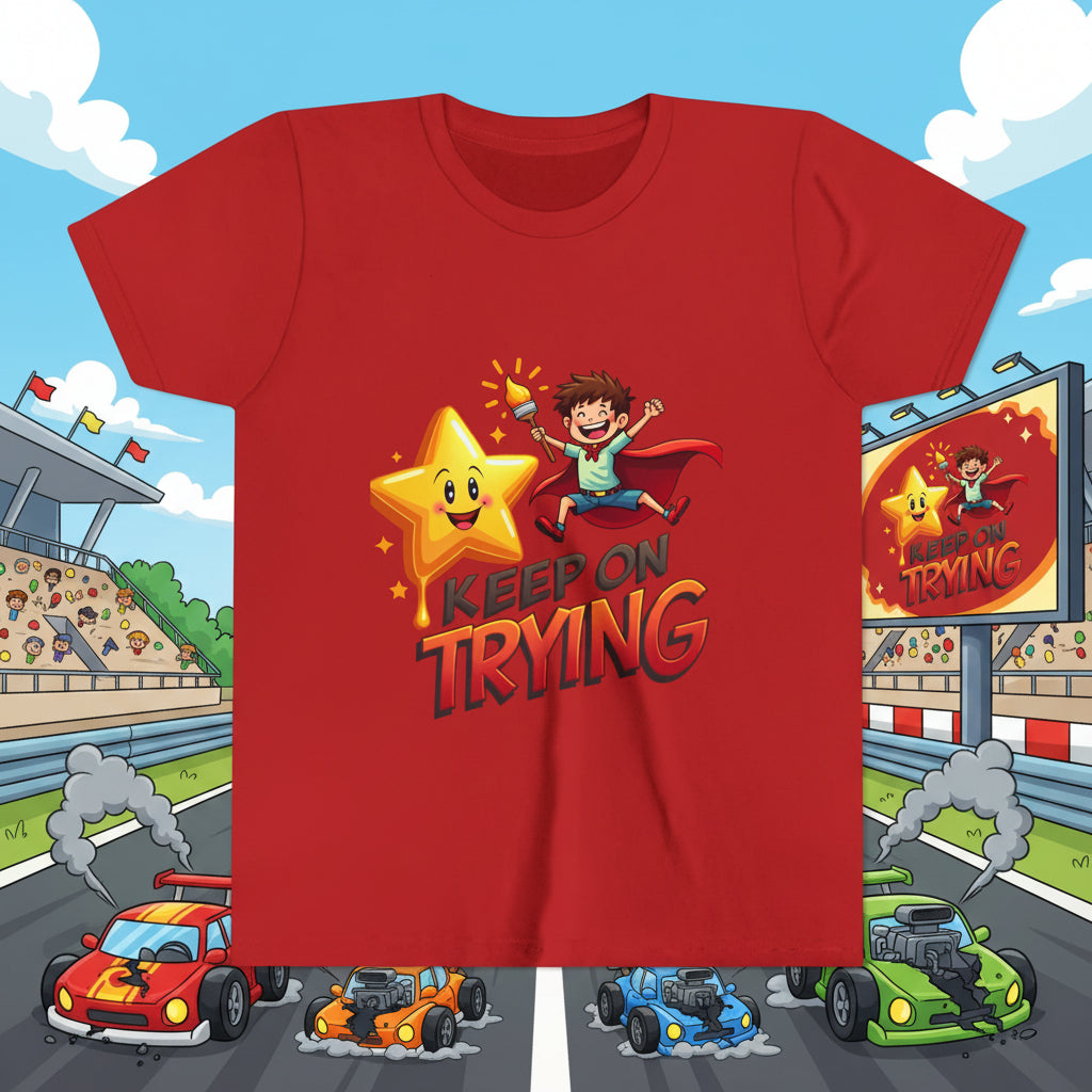 Red t-shirt with a star and child graphic and 'Keep on Trying' text on a white background