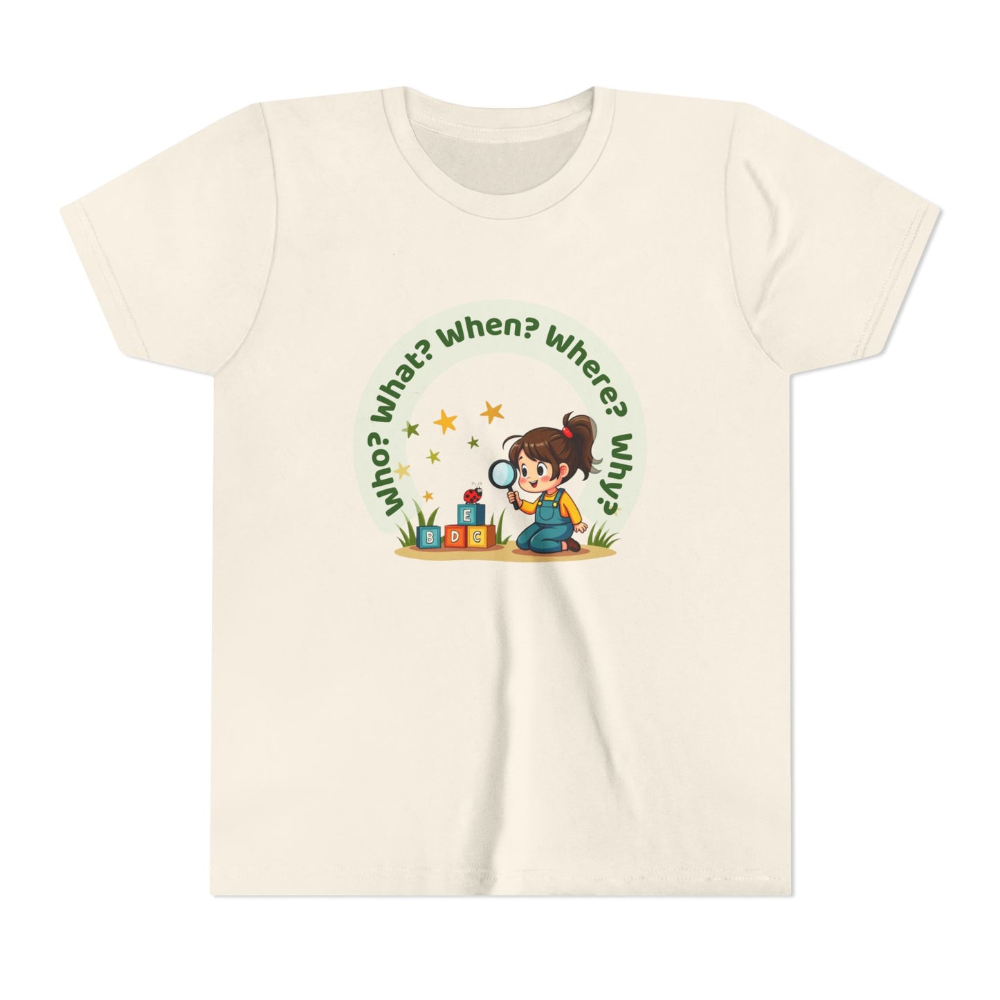 Beige t-shirt with a child-themed graphic and text on a white background