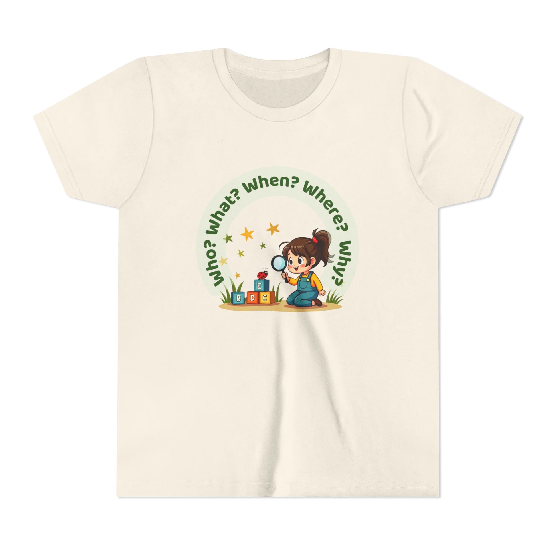 Beige t-shirt with a child-themed graphic and text on a white background