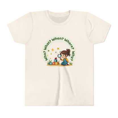 Beige t-shirt with a child-themed graphic and text on a white background