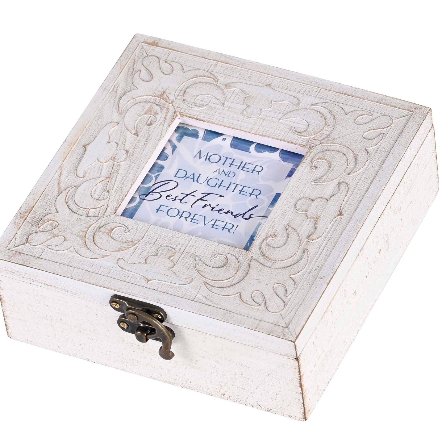 Decorative jewelry box with 'Mother and Daughter Best Friends Forever' text on a white background