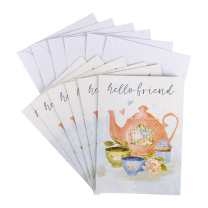 Set of greeting cards with teapot and cup illustrations and 'hello friend' text.