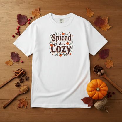 A white short-sleeve crewneck t-shirt featuring a 'Spiced And Cozy' graphic print with autumn-themed illustrations on the chest, displayed a wood table with a small pumpkin, wooden spoons and a variety of dried spices.