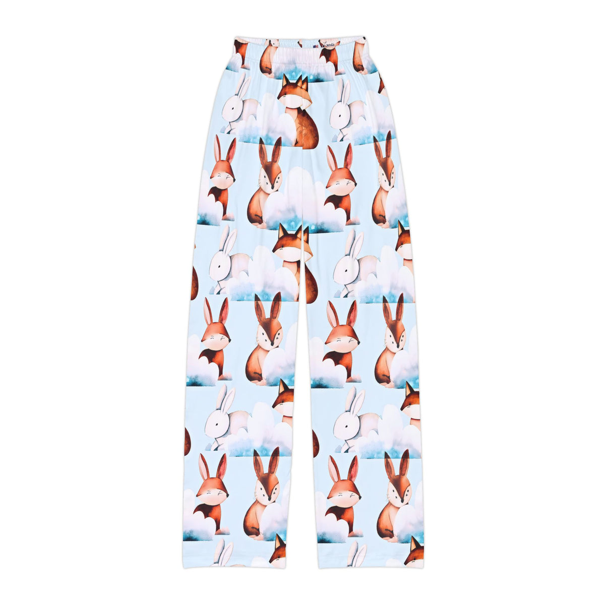 Kids winter pants featuring Rowan Teex and bunny friends sitting on soft clouds in a repeating pastel woodland pattern.