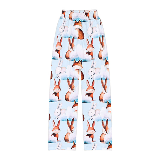 Kids winter pants featuring Rowan Teex and bunny friends sitting on soft clouds in a repeating pastel woodland pattern.