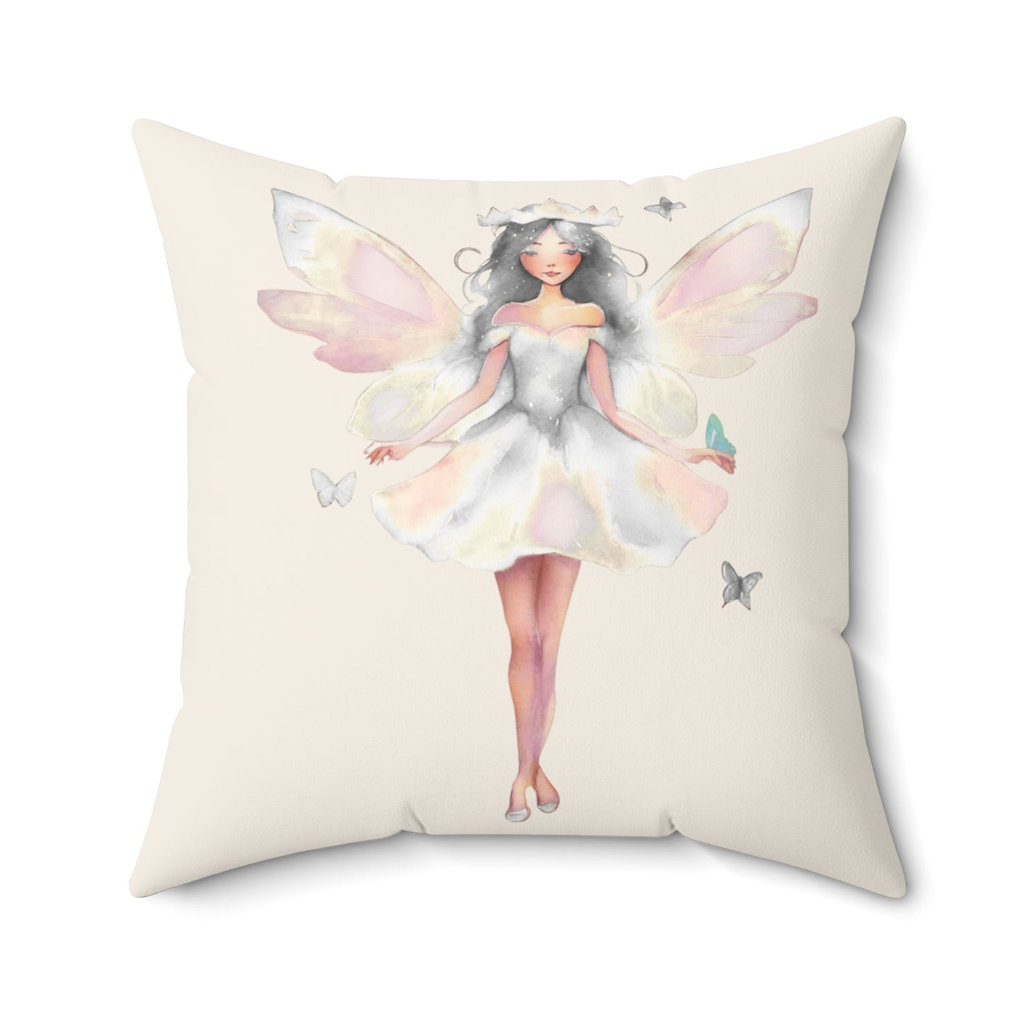 Cream Decorative pillow with a white fairy design on a white background