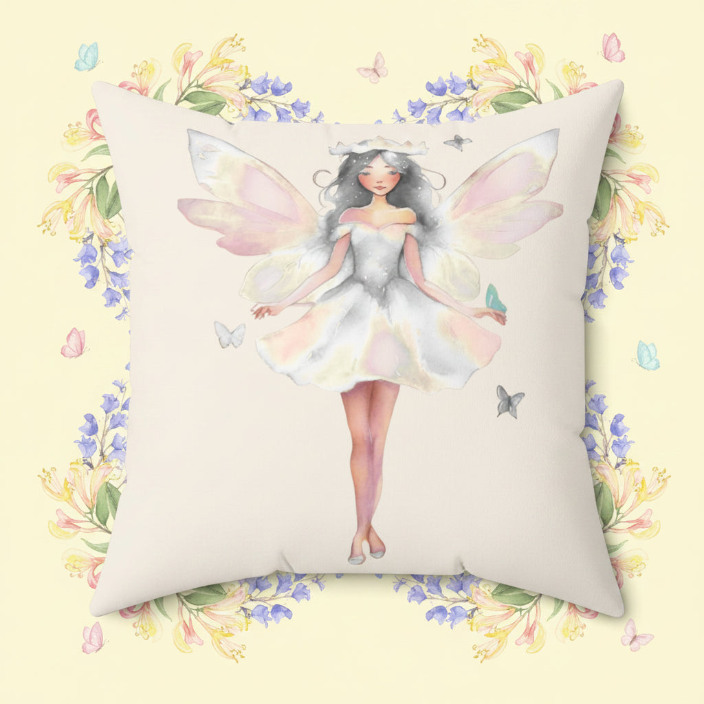 Cream Decorative pillow with a white fairy design on a white background