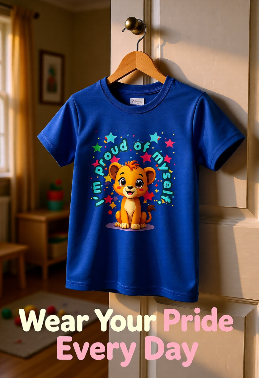 Blue t-shirt with a cartoon lion character and text on a hanger in a room.