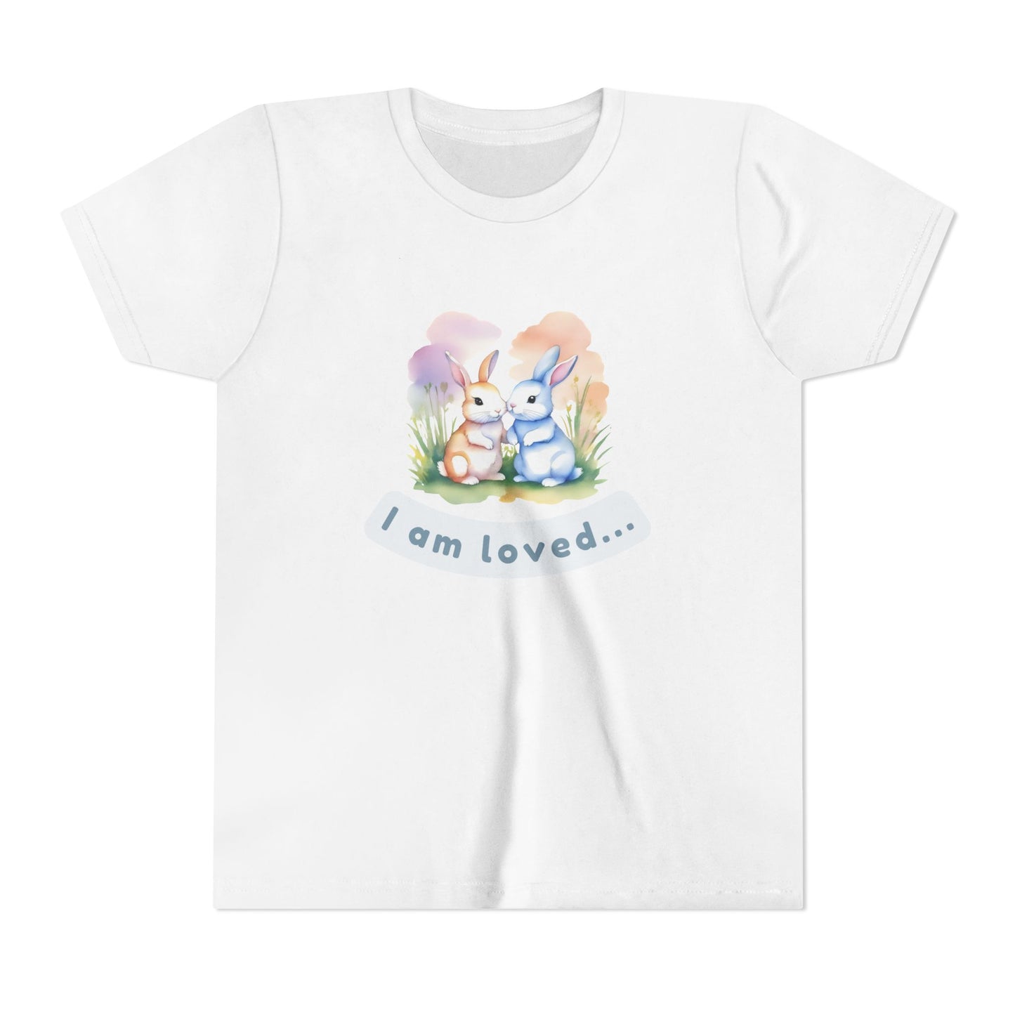 White t-shirt with cartoon bunnies and text on a white background