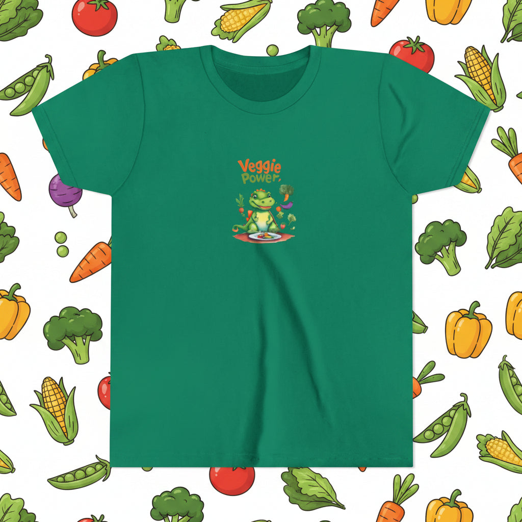 A green short-sleeve crewneck t-shirt with a colorful graphic on the chest showing a cartoon dinosaur or alligator and the text 'Veggie POWER'.